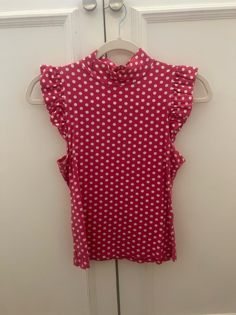 Pink Polka Dot Ruffle Sleeve Mock Neck Top